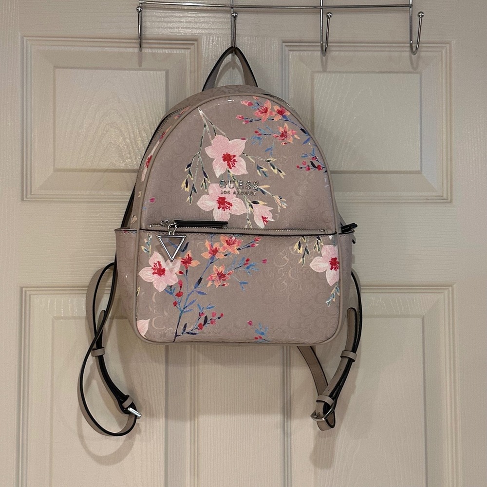 Guess Los Angeles Floral Monogram Mini Backpack Taupe Pink Silver Tone Hardware